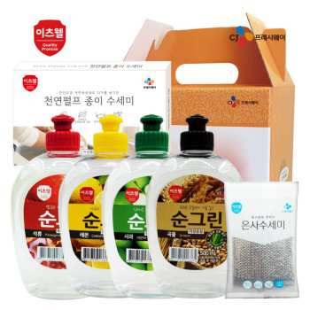 CJ순그린 500ml*4개(곡물,석류,레몬,사과),종이수세미5매,은사수세미 6종세