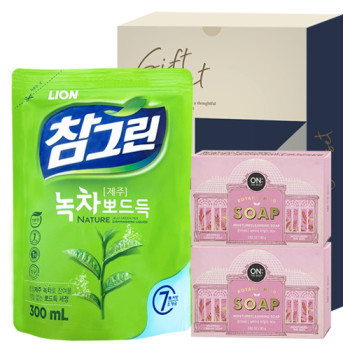 LION 참그린 녹차 뽀드득 리필 300ml + LG생활건강 베이직 온더바디 비누 80g x 2개 [110-212268]