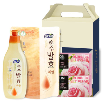 LION 참그린 순수발효 곡물 용기 300g + 참그린 순수발효 곡물 리필 300ml + LG생활건강 온더바디 비누 80g x 2개 [110-212255]